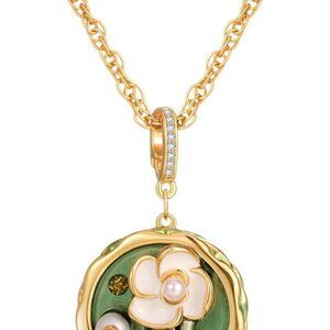 Vintage Brass Necklace Green Oil Painting Style Pendant Women Art Jewelry